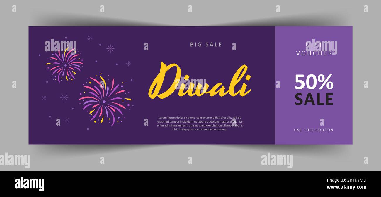 Diwali gift voucher. Commercial discount coupon with fireworks. Indian