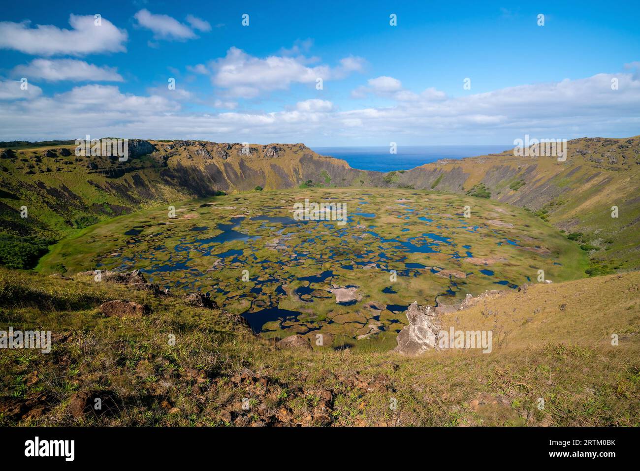 Aerial view of Orongo archaeological site, Easter Island of Chile Stock Photo