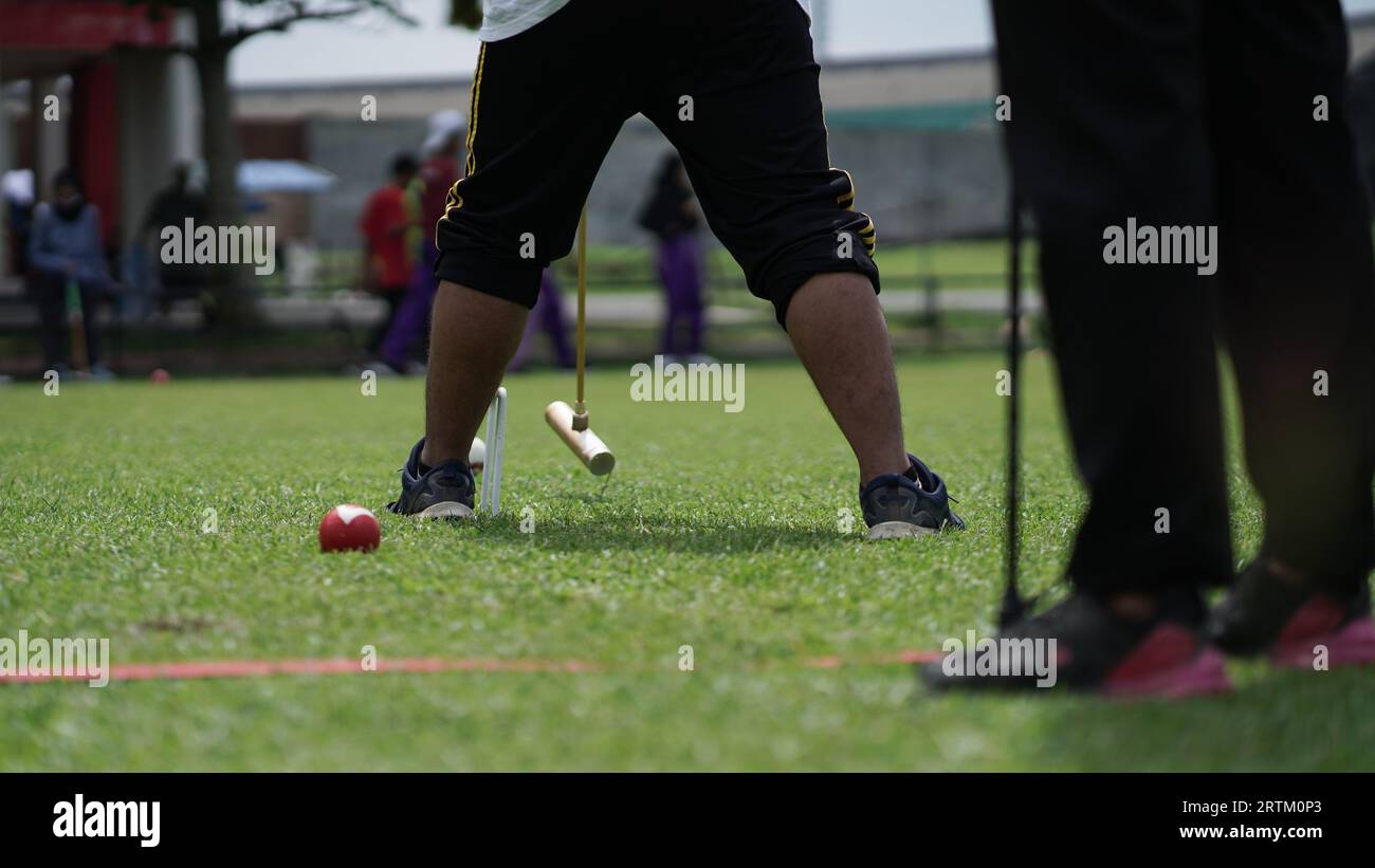 The gateball player's feet and their tools on the grass field Stock ...