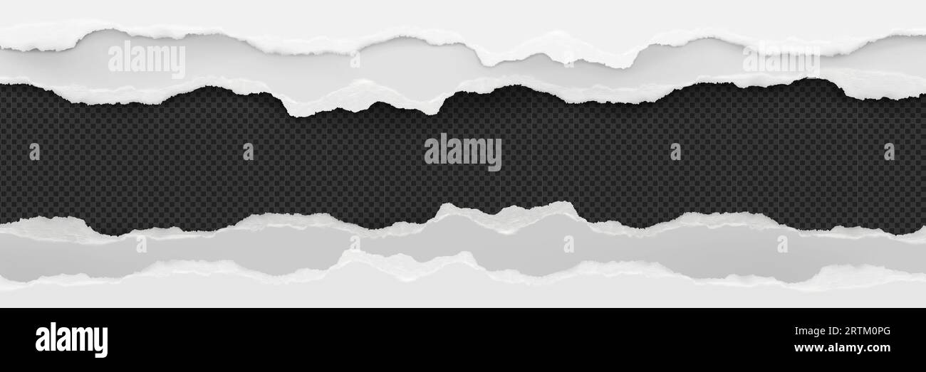 Realistic uneven edges of torn paper on transparent background. Vector