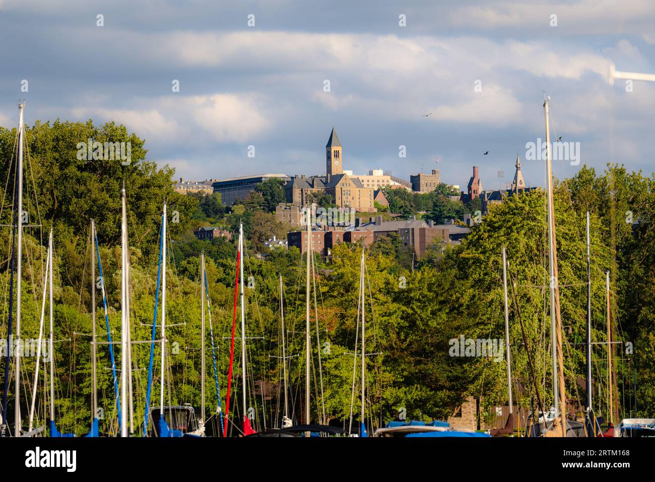Late afternoon image of the area surrounding the City of Ithaca, NY, USA taken from Allan H Treman State Marine Park. Stock Photo