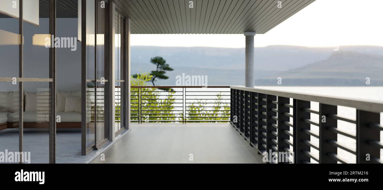 Exterior design of a modern spacious outdoor corridor balcony with ...