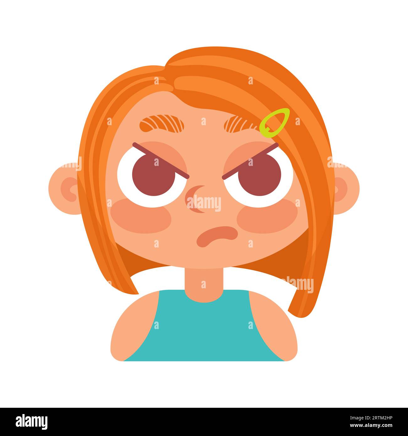 Gloomy red-haired girl with a square is angry. In cartoon style. Human emotions Stock Vector