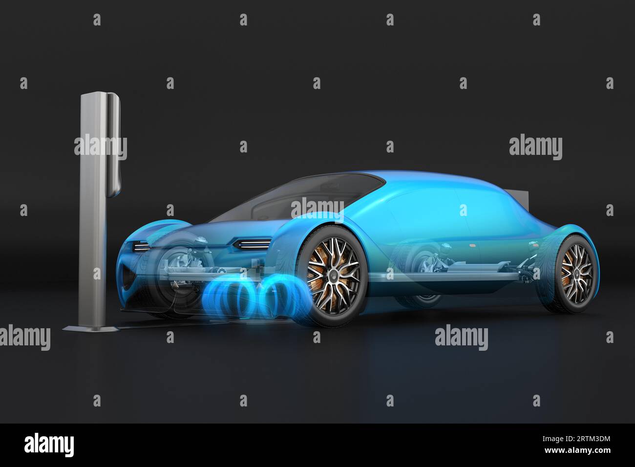 Futuristic Electric Car charging in wireless charging station. Generic design. 3D rendering image. Stock Photo