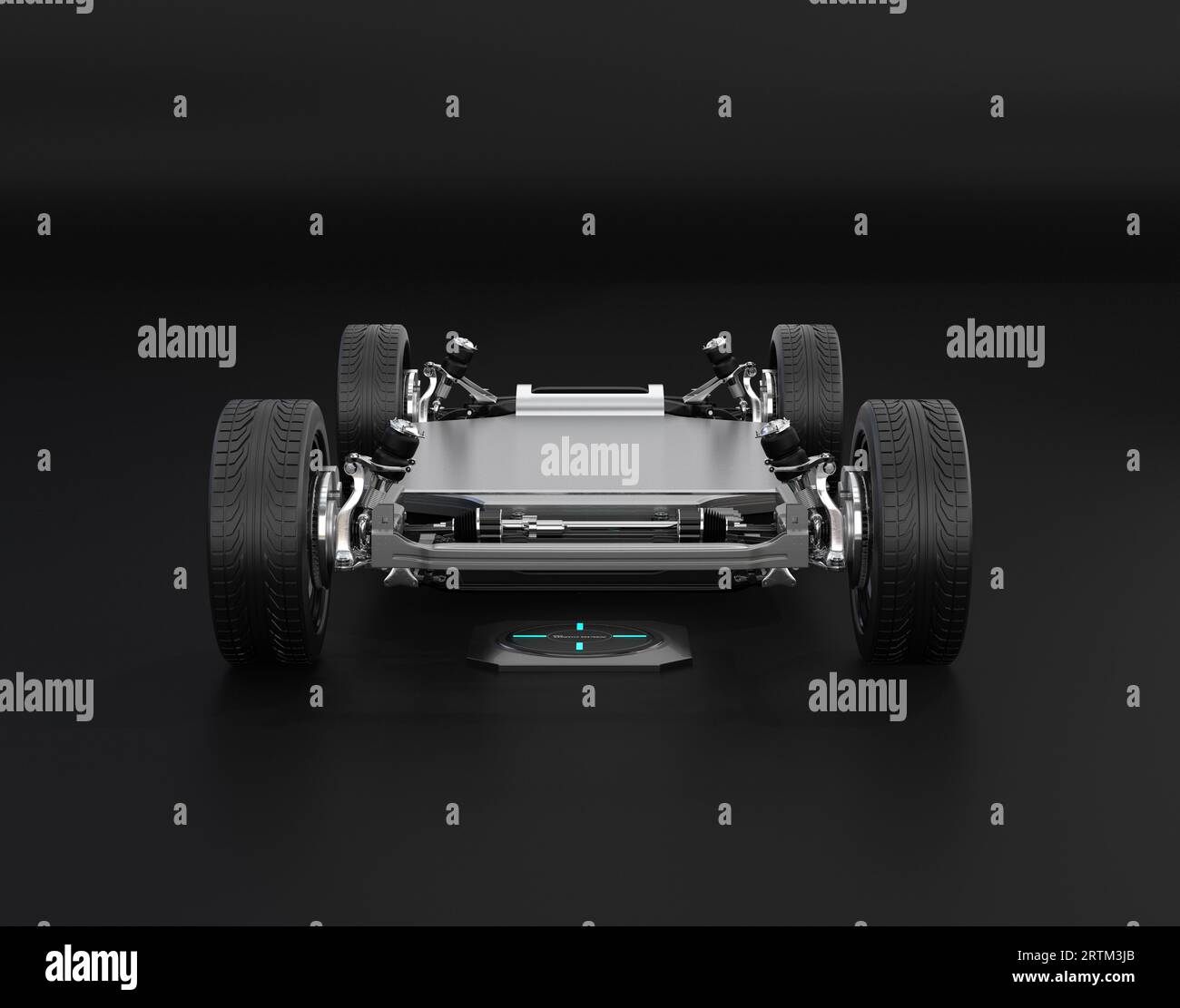 Front view of Electric vehicle Chassis equipped with In-Wheel Motors wireless charging in Charging station. 3D rendering image. Stock Photo