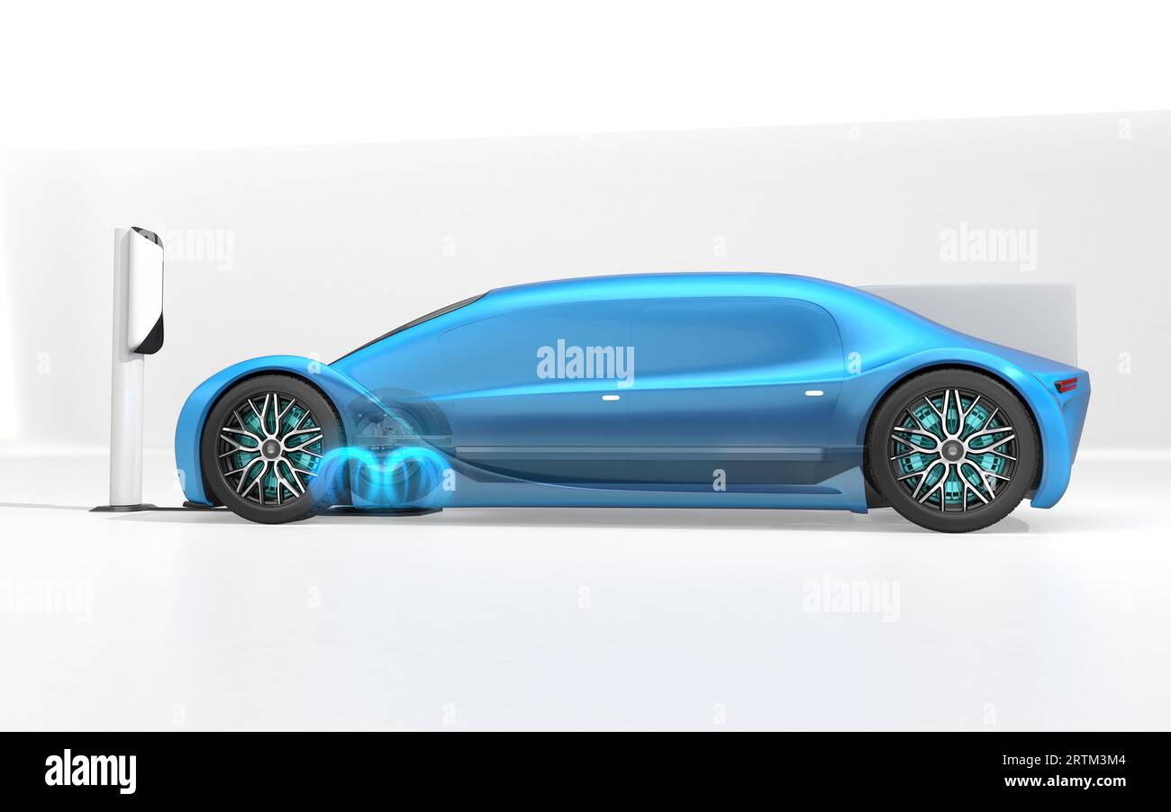 Side view of Futuristic Electric Car charging in wireless charging station. Generic design. 3D rendering image. Stock Photo