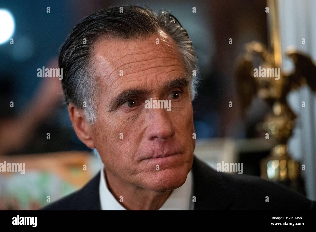 Washington, United States. 13th Sep, 2023. United States Senator Mitt Romney (Republican of Utah) talks about his pending retirement and not seeking re-election in 2024, in his office in the Russell Senate Office Building in Washington, DC, USA, Wednesday, September 13, 2023. Photo by Rod Lamkey/CNP/ABACAPRESS.COM Credit: Abaca Press/Alamy Live News Stock Photo