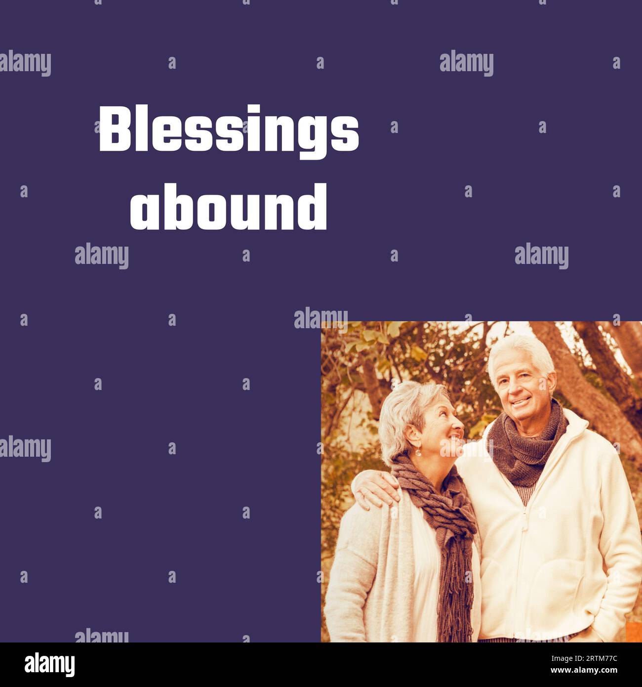 Blessings abound text in white with happy senior couple embracing on