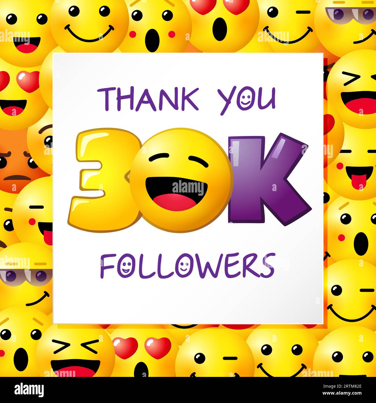 Thank you 30K followers greeting card design. Creative funny background and 3D sheet of paper. Thanks for 30 000 likes idea with messenger yellow face Stock Vector