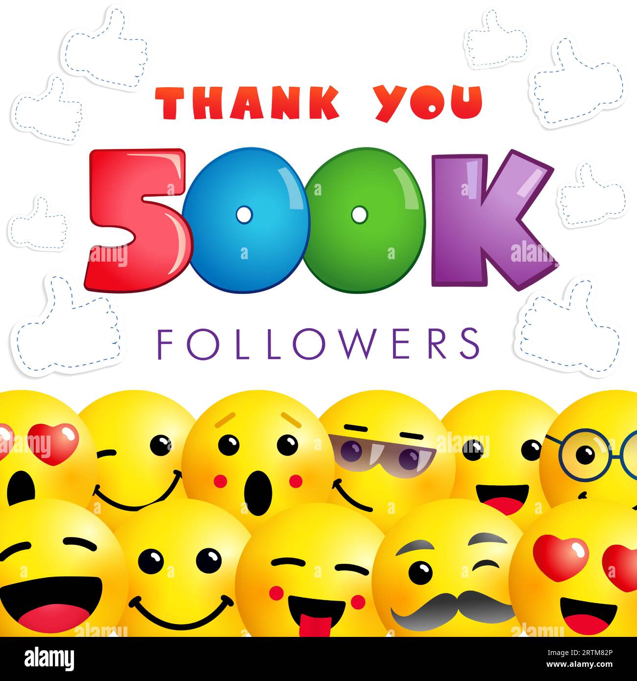 Thank you 500K followers social media greetings. Set of 3D emoticons. Positive thanks for 500 K following people. 500 000 likes congrats with yellow f Stock Vector