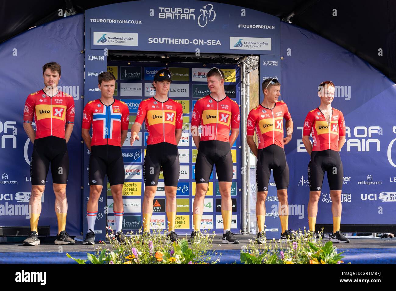 Riders of team Uno X Pro Cycling Team at the Tour of Britain cycle race Stage 6 start in Southend on Sea, Essex, UK. Stock Photo