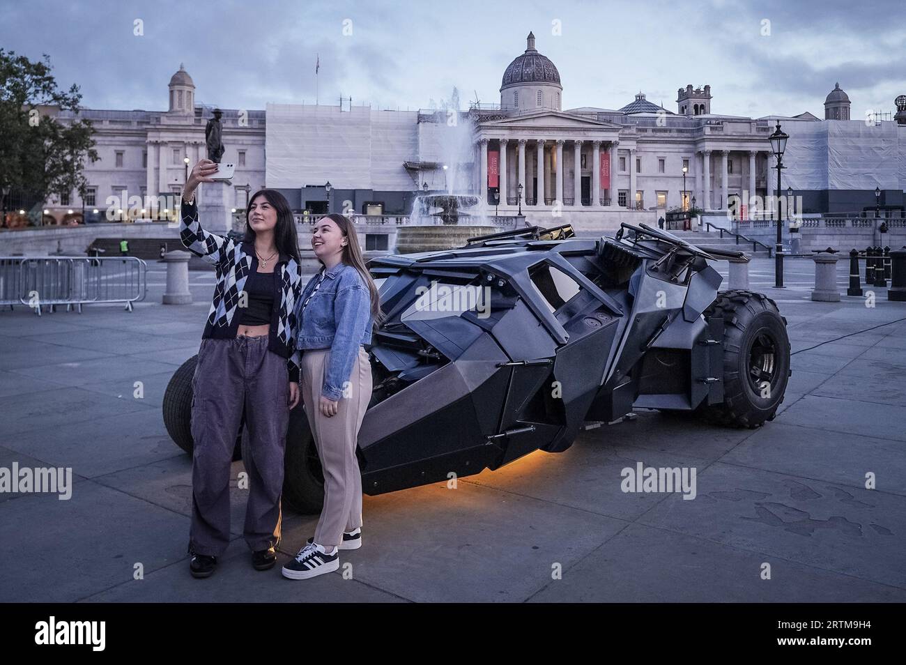 London, UK. 14th September 2023. Global Batman day sees the actual Batmobile Tumbler featured in The Dark Knight Trilogy of movies parked up in Trafalgar Square ahead of annual Batman Day celebrations on 16th September. Credit: Guy Corbishley/Alamy Live News Stock Photo
