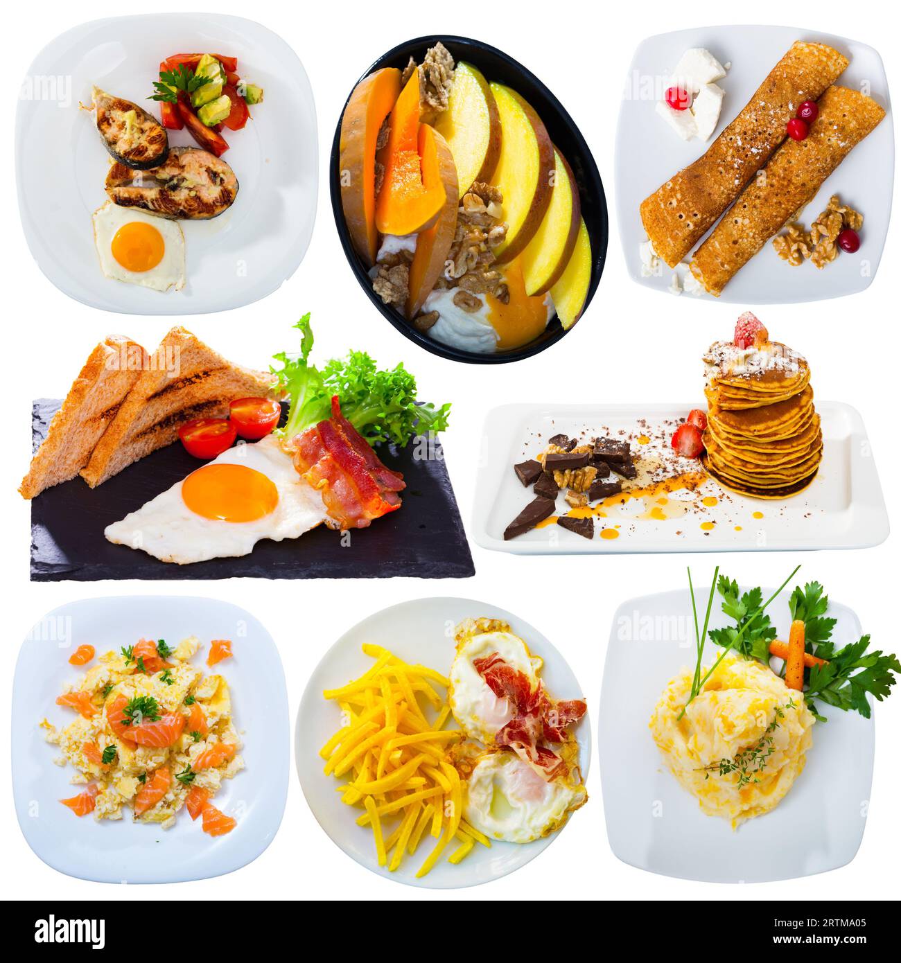 Collage of various breakfast foods on a white background Stock Photo ...