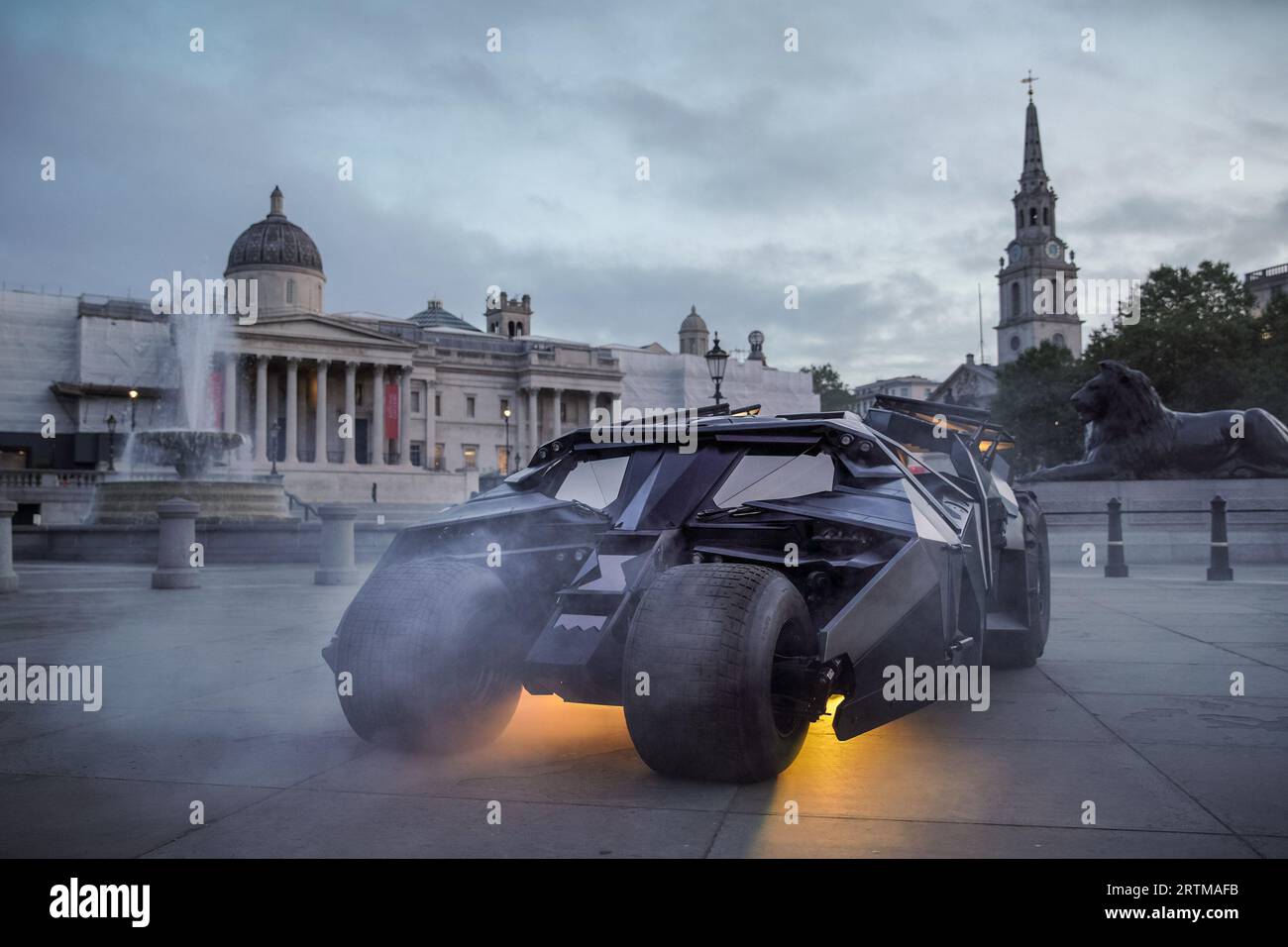 London, UK. 14th September 2023. Global Batman day sees the actual Batmobile Tumbler featured in The Dark Knight Trilogy of movies parked up in Trafalgar Square ahead of annual Batman Day celebrations on 16th September. Credit: Guy Corbishley/Alamy Live News Stock Photo
