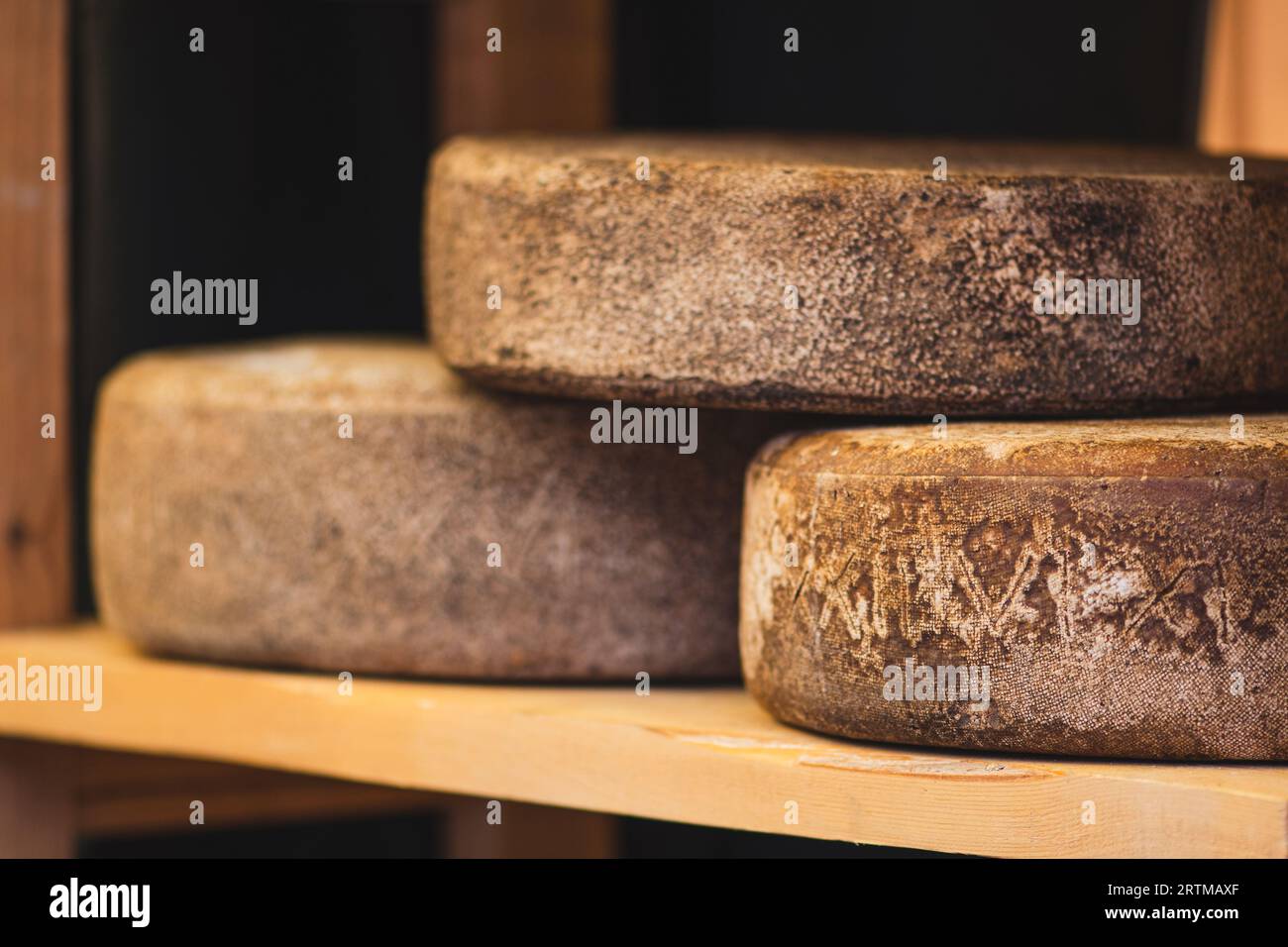 Wheels of homemade bio natural seasoned cheese on wooden shelves, close up Stock Photo