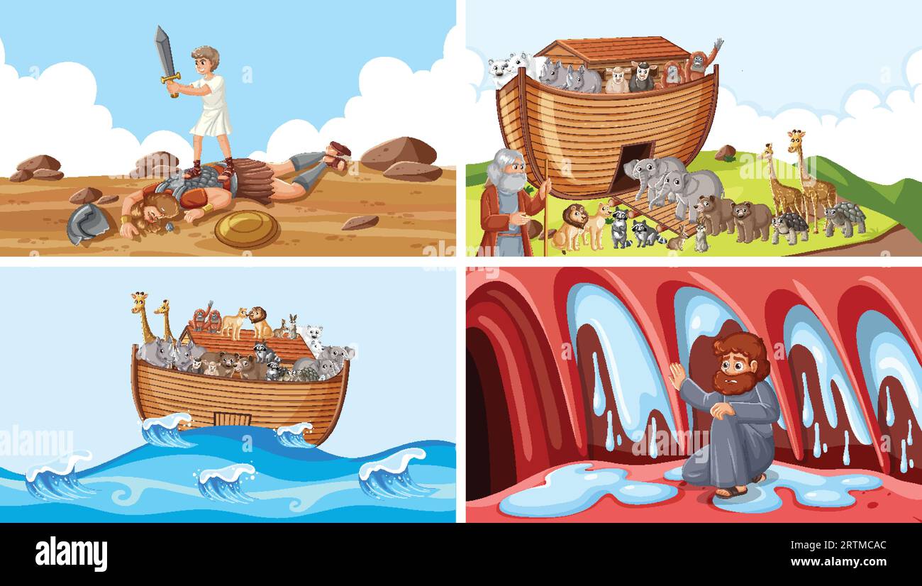 Illustrated scenes depicting biblical stories of Noah's Ark and David and Goliath Stock Vector