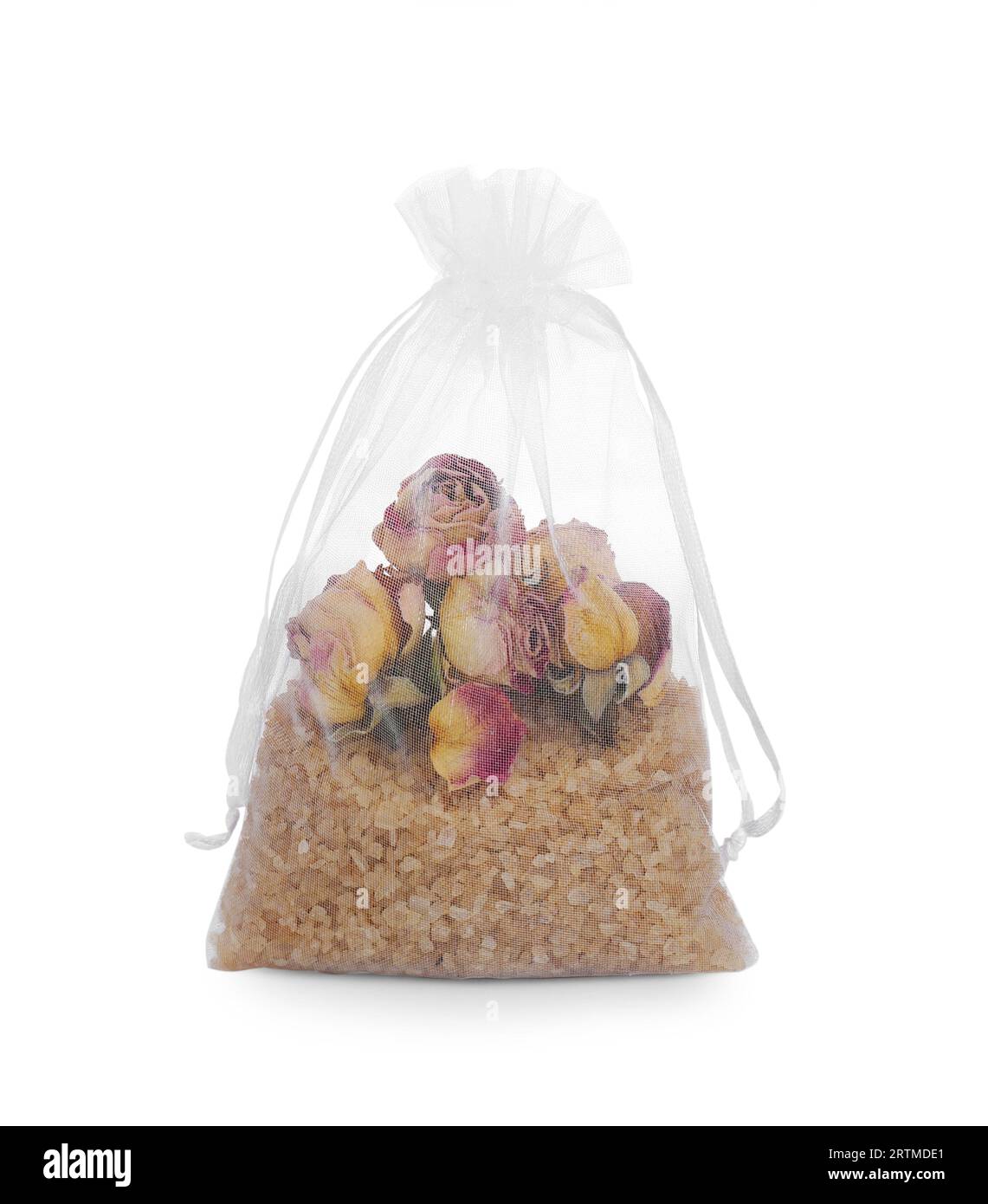 Scented sachet with dried rose flowers isolated on white Stock Photo ...