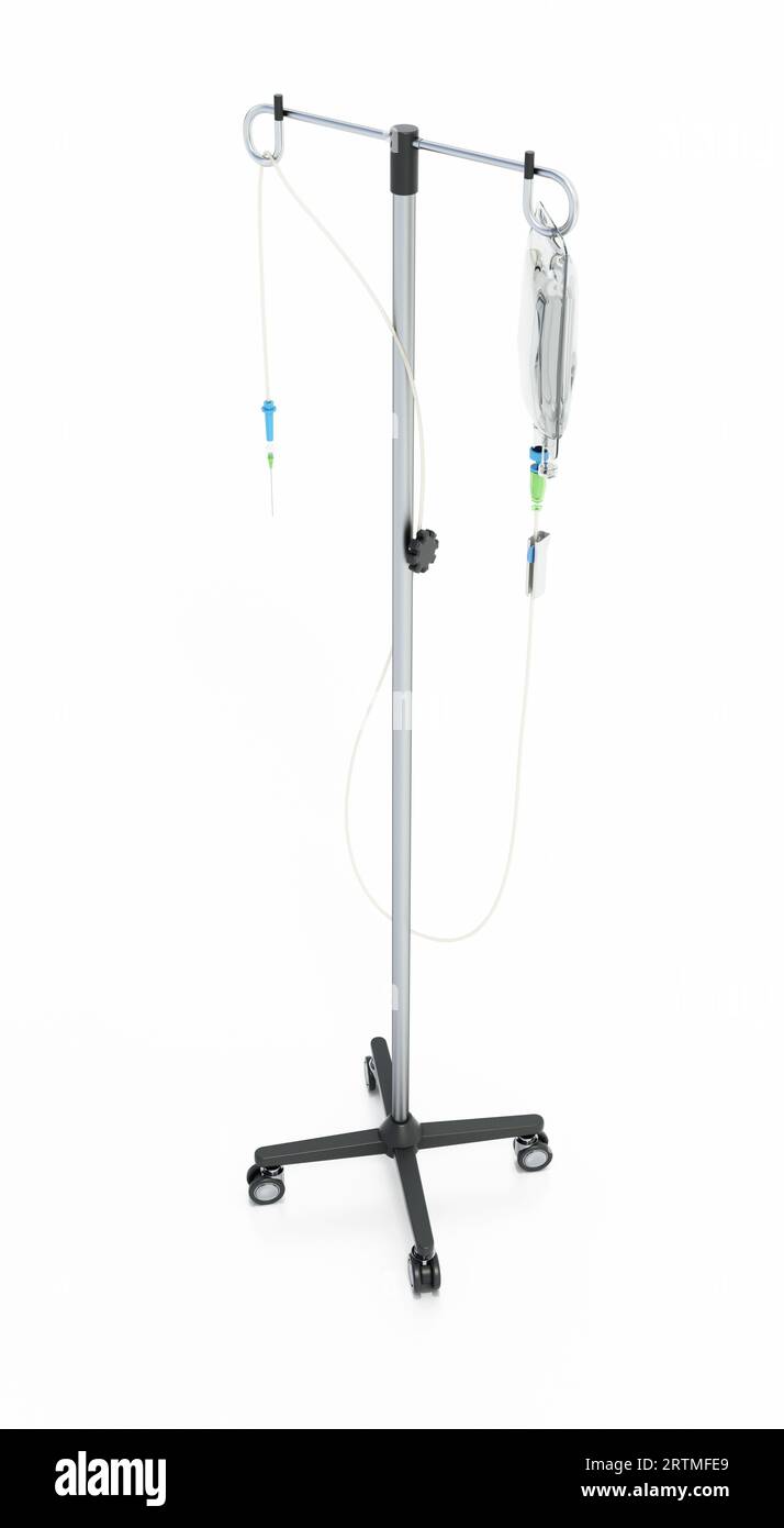 Wheeled adjustable IV pole with serum bag isolated on white background. 3D illustration Stock