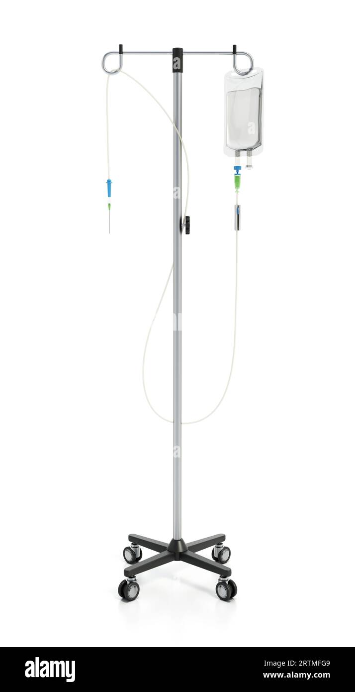 Wheeled adjustable IV pole with serum bag isolated on white background. 3D illustration Stock