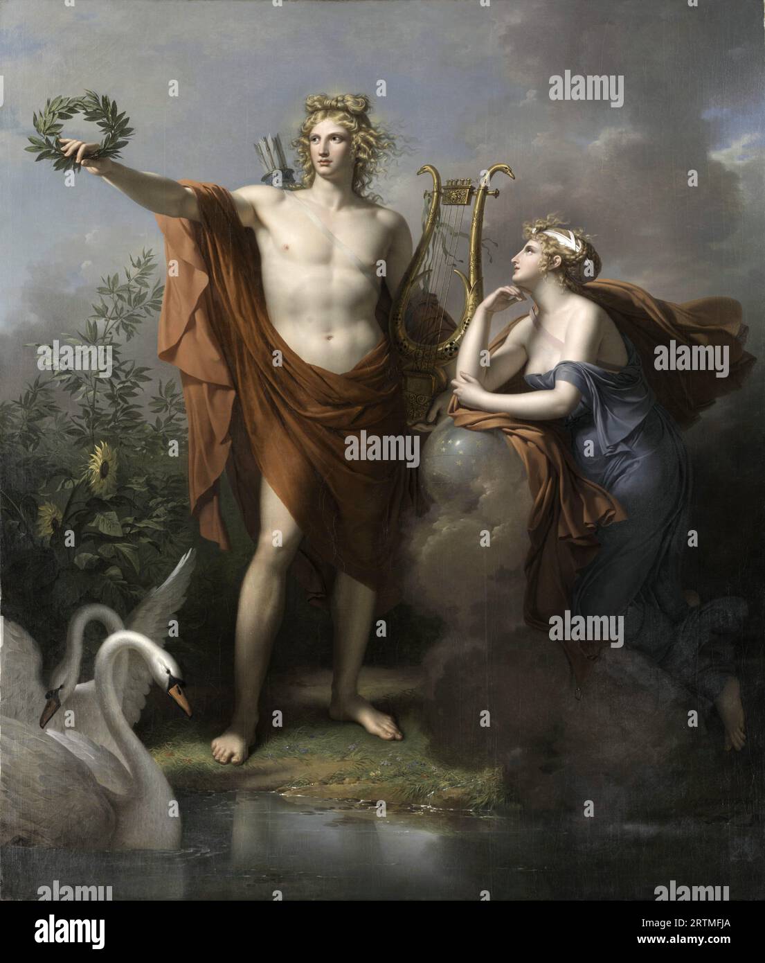 Apollo God of Light ,Eloquence, Poetry and Fine Arts with Urania Muse of Astronomy, oil painting by French artist Charles Meynier, 1798 Stock Photo