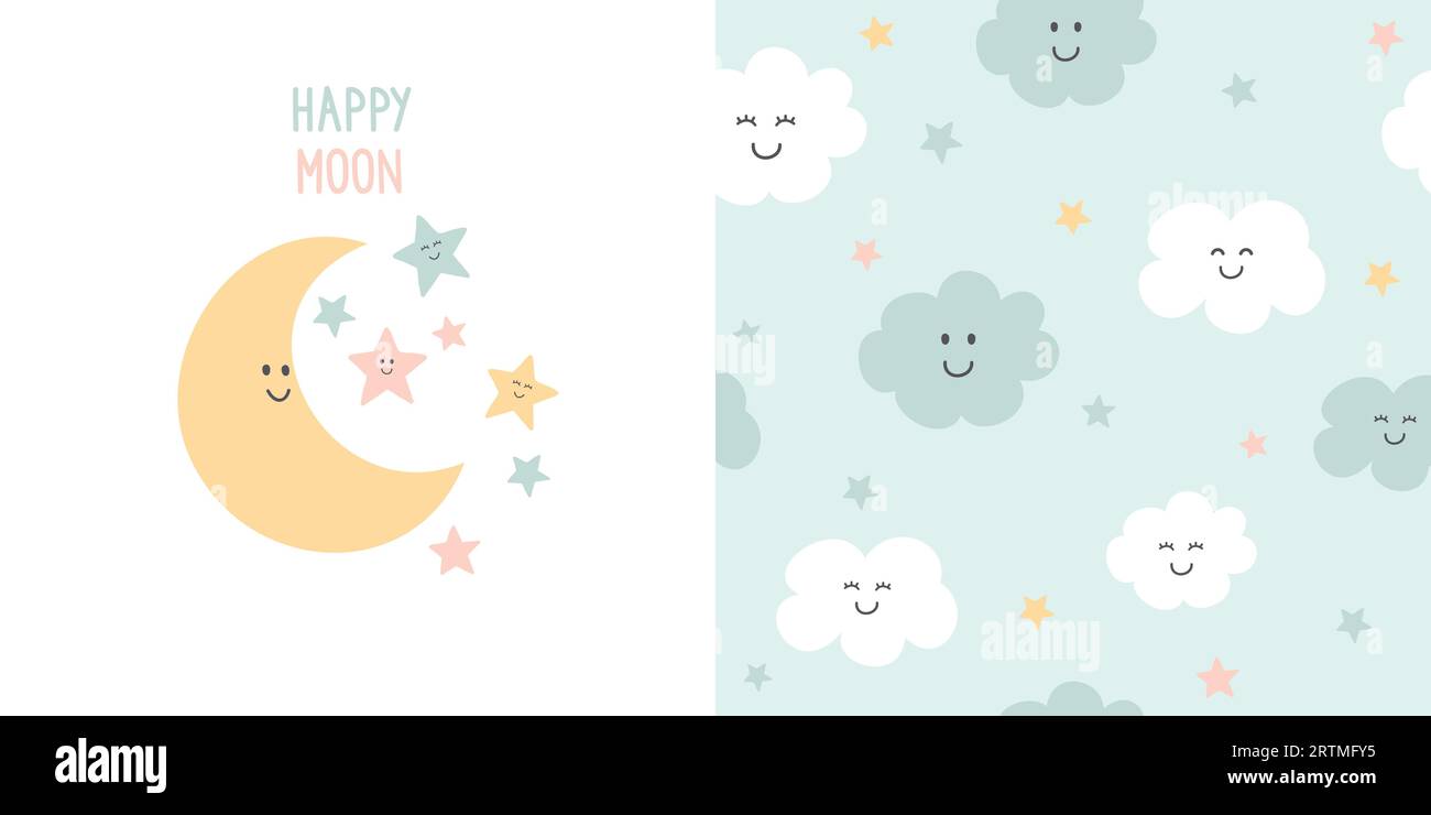 Cute moon card and seamless pattern. Background for kids with moon ...