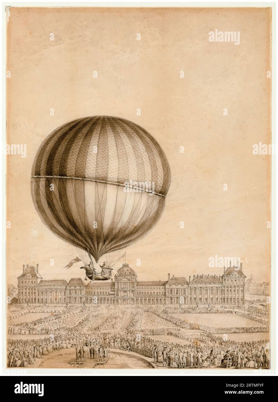 Launch of Jacques Charles and Marie-Noel Robert's aerostatic globe hydrogen balloon from the Jardin des Tuileries, Paris on December 1st 1783, drawing by Sergent-Marceau (possibly), 1783-1784 Stock Photo