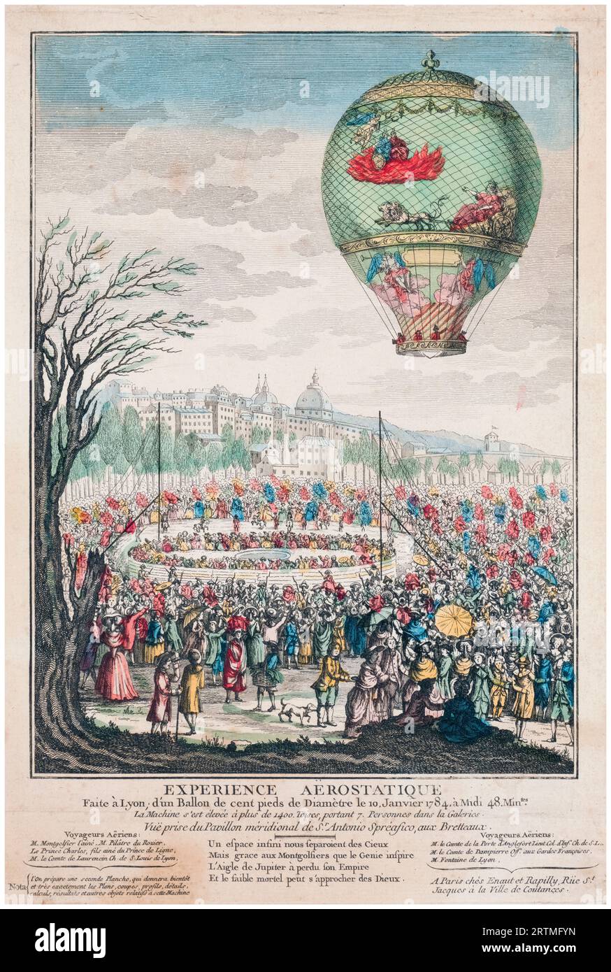 The hot-air balloon 'Le Flesselles' ascending over Lyon, France on January 19th 1784 carrying seven passengers including Joseph Montgolfier and Jean François Pilâtre de Rozier, hand-coloured etching, 1784 Stock Photo