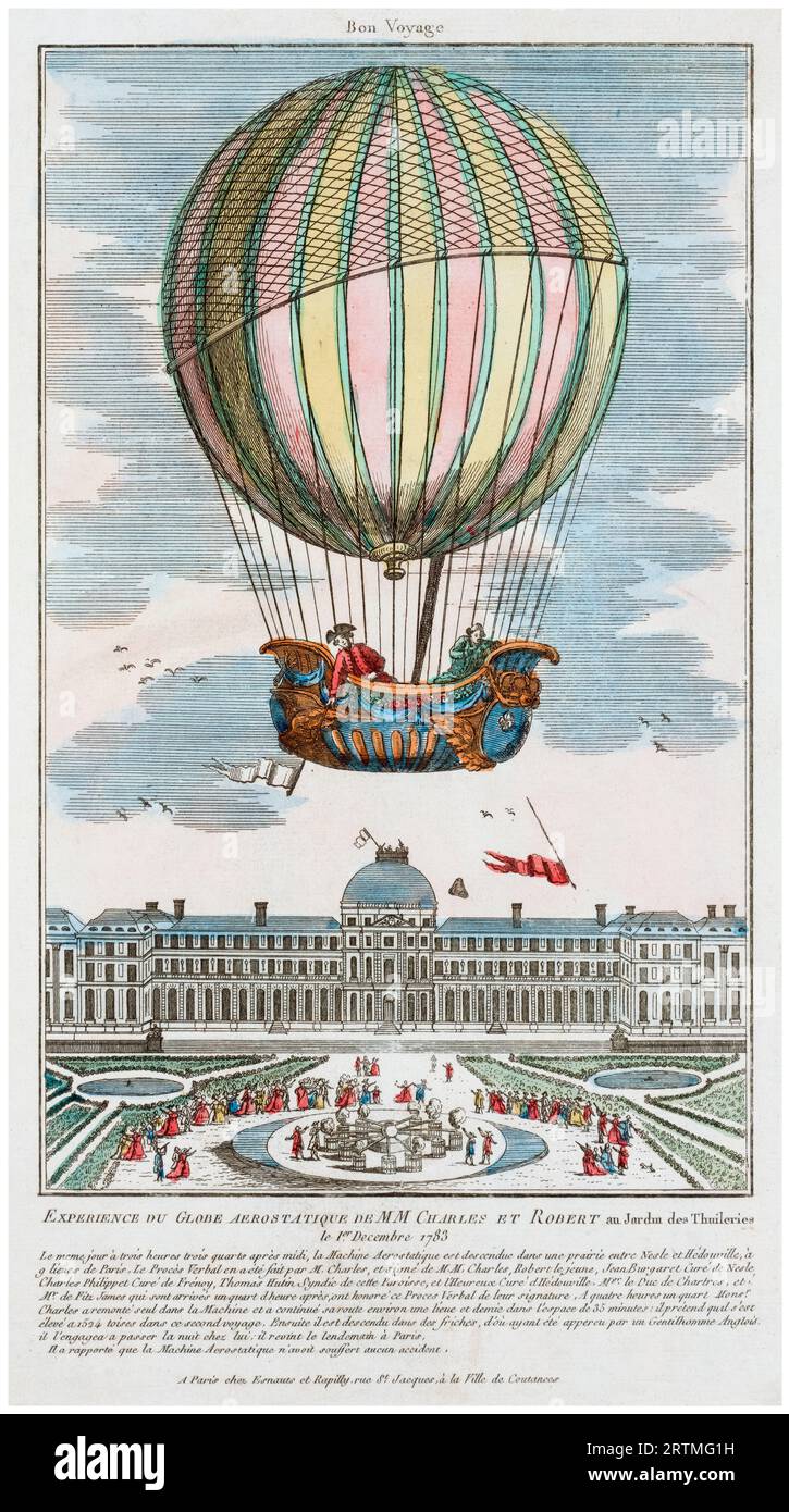 The first manned hydrogen balloon flight launched on December 1st 1783 from the Jardin des Tuileries, Paris, piloted by Jacques Charles and Marie-Noel Robert, hand-coloured etching, 1783 Stock Photo