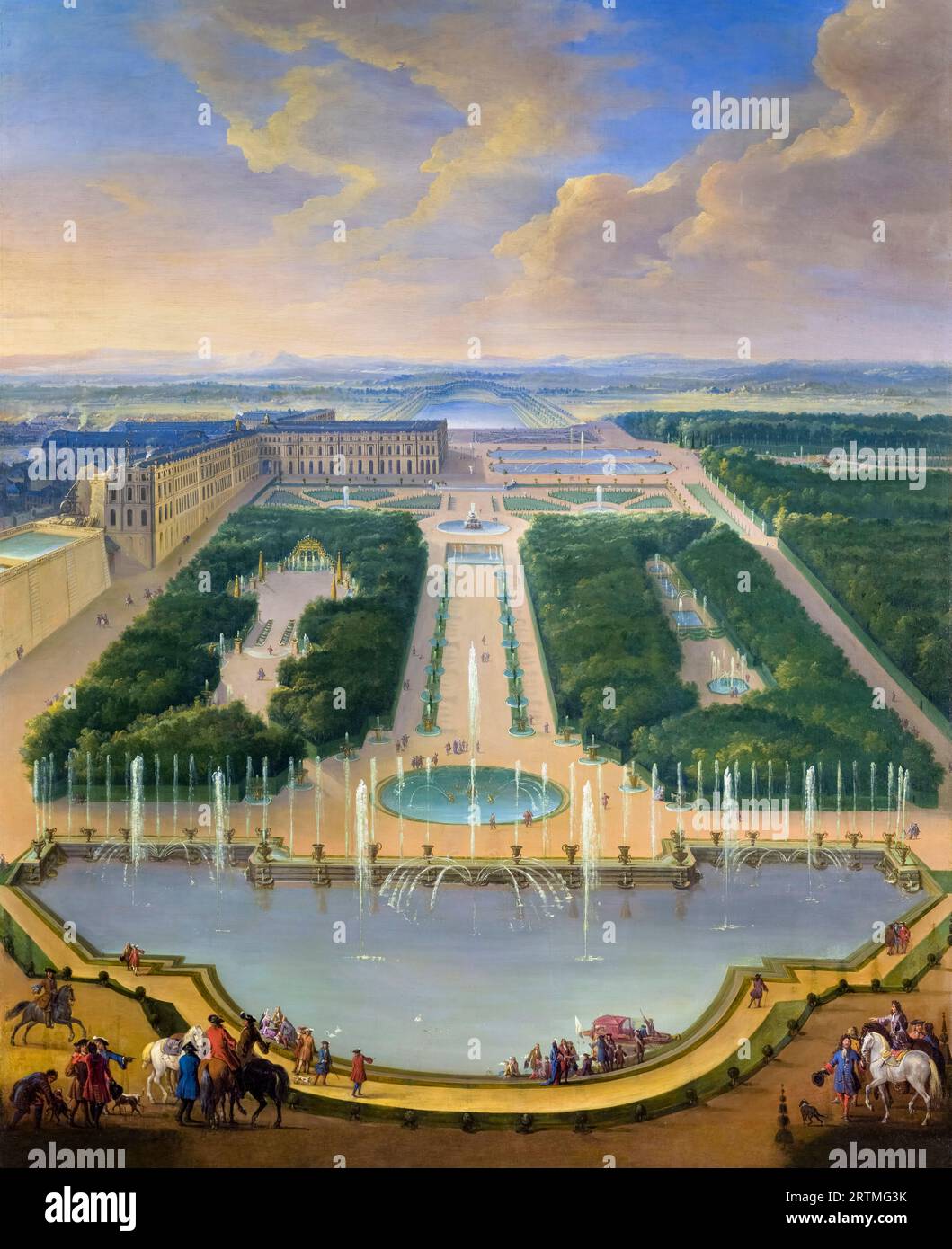 Aerial View of the Palace of Versailles from the Dragon Fountain and Neptune Fountain, landscape painting in oil by Jean-Baptiste Martin the Elder, circa 1700 Stock Photo