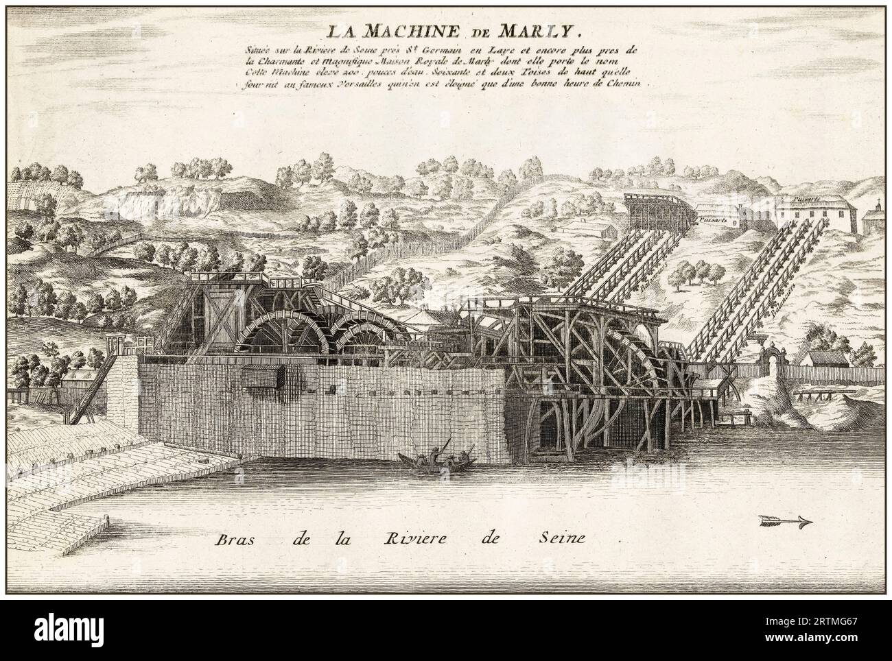 The Machine of Marly, etching by Jacobus Deur, 1726 Stock Photo