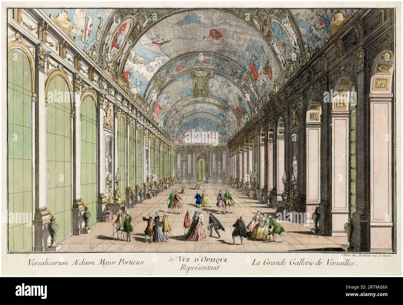 The Hall of Mirrors (Galerie des Glaces) at the Chateau de Versailles, hand-coloured etching, 1760 Stock Photo