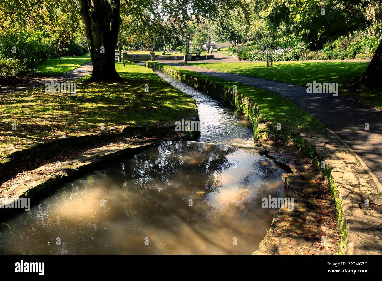 A  small river stream flowing through the landscaped Trenance Gardens in Newquay in Cornwall in the UK. Stock Photo