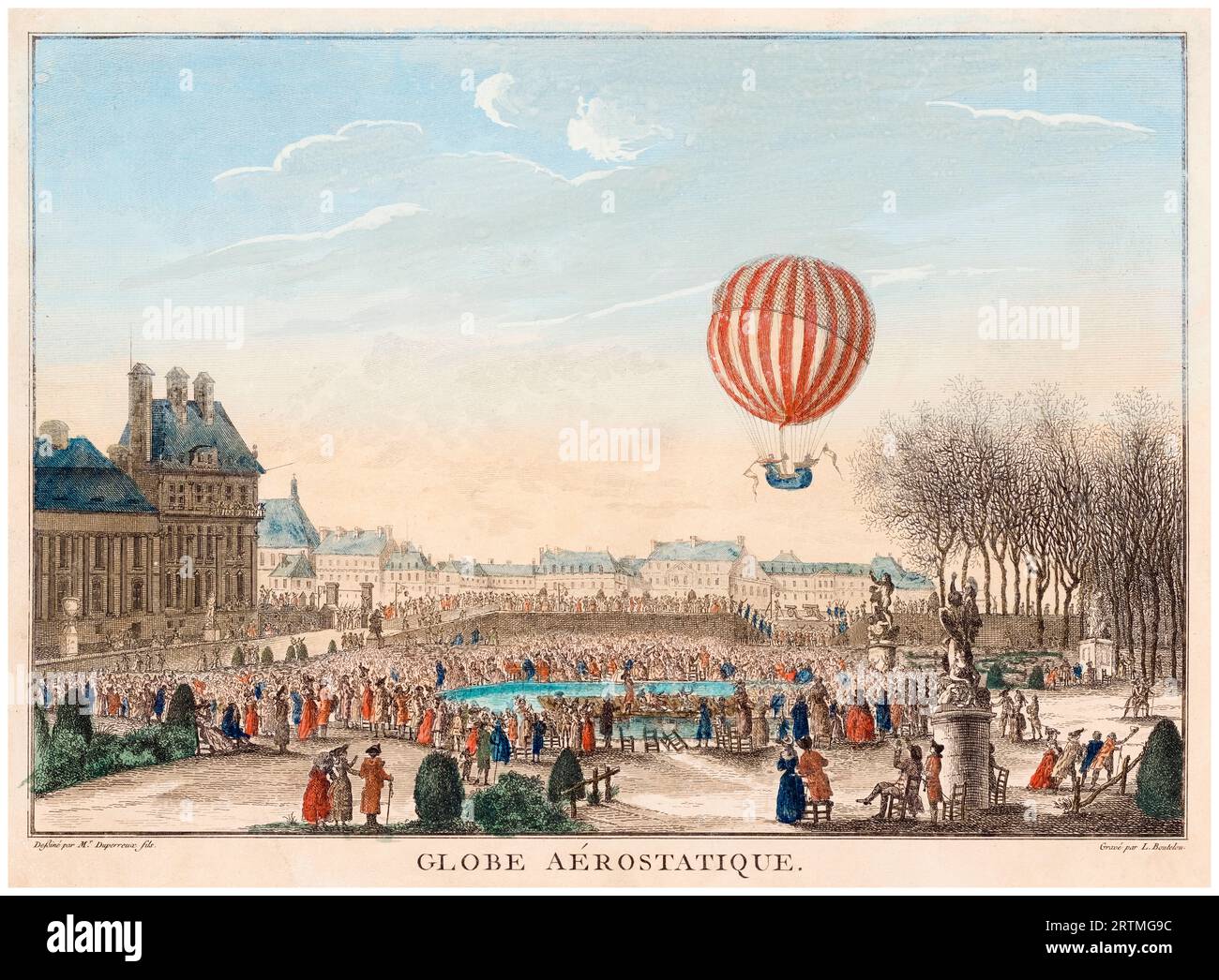 First manned hydrogen balloon flight. Jacques Charles and Marie-Noel Robert,'s balloon ascending from the Tuileries Garden in Paris, France on December 1st 1783, hand coloured etching by Louis- Alexandre Boutelou, after Duperreux, 1783 Stock Photo