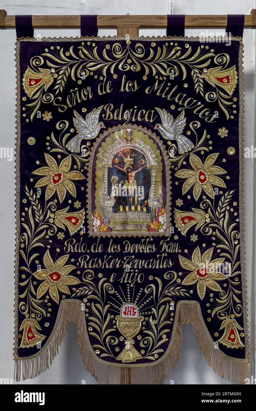 Procession banner in Notre Dame aux Riches Claires catholic church, Belgium Stock Photo