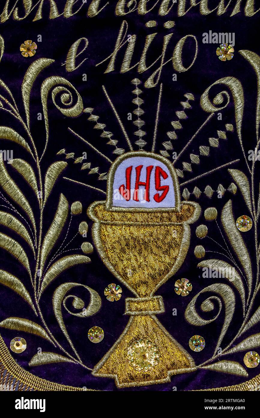 Detail of a procession banner in Notre Dame aux Riches Claires catholic church, Belgium Stock Photo