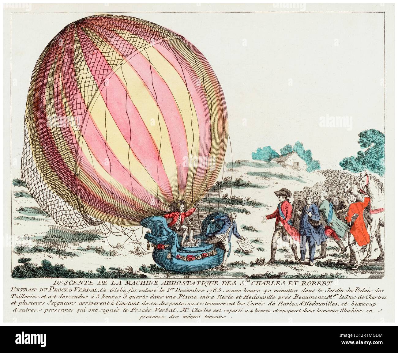 The successful descent and landing at Nesles-la-Vallée, Val-d'Oise of the first manned hydrogen balloon flight by Jacques Charles and Marie-Noel Robert on December 1st 1783, hand coloured engraving, 1783 Stock Photo