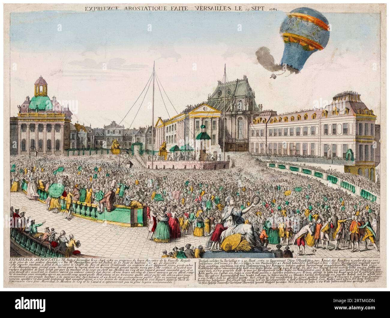 Hot air balloon launched by the Montgolfier brothers ascending from the Palace of Versailles, France before Louis XVI and the royal family, September 19th 1783, hand coloured etching, 1783 Stock Photo