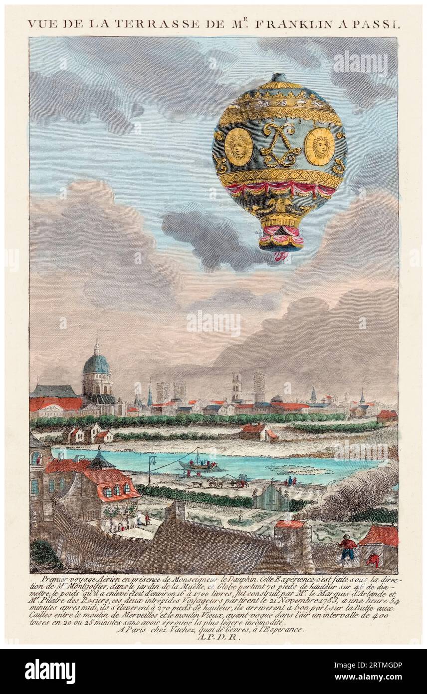 The first untethered manned flight of a Montgolfier hot air balloon on 21st November 1783 by Jean-François Pilâtre de Rozier and the Marquis d'Arlandes, taking off from the garden of the Château de la Muette in the presence of King Louis XVI. Hand coloured engraving, 1783 Stock Photo