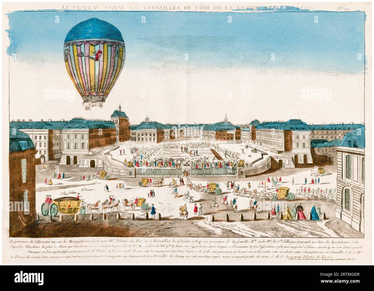 The hot air balloon 'Marie Antoinette' was flown by Jean-François Pilâtre de Rozier and French chemist Joseph Louis Proust on June 23rd 1784 at Versailles in front of King Louis XVI and King Gustav III of Sweden, hand coloured engraving, 1784 Stock Photo