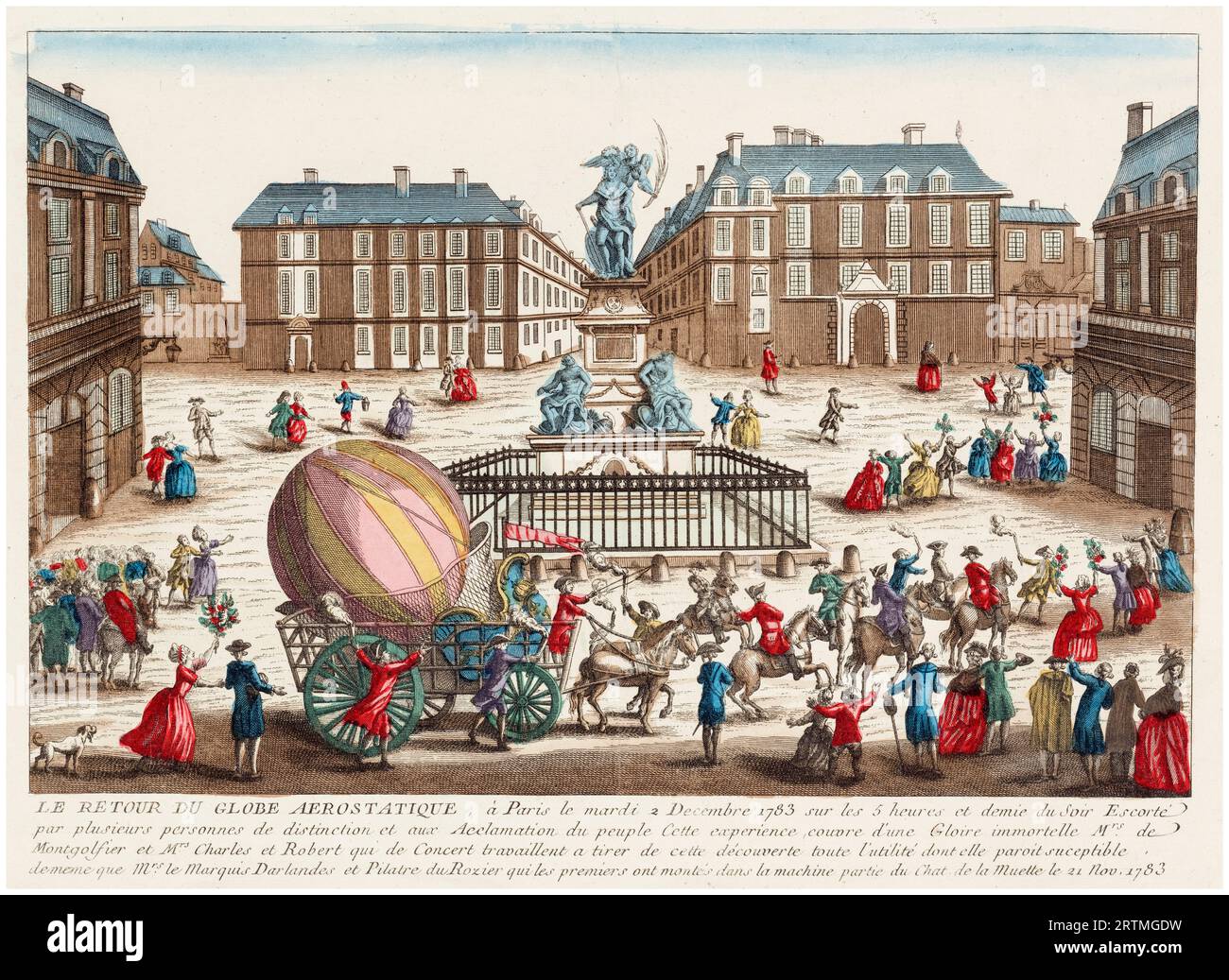 The return of the Aerostatic Globe hydrogen balloon to Paris on Tuesday December 2nd 1783 after its successful flight by Jacques Charles and Marie-Noël Robert the day before. Hand coloured engraving, 1783 Stock Photo