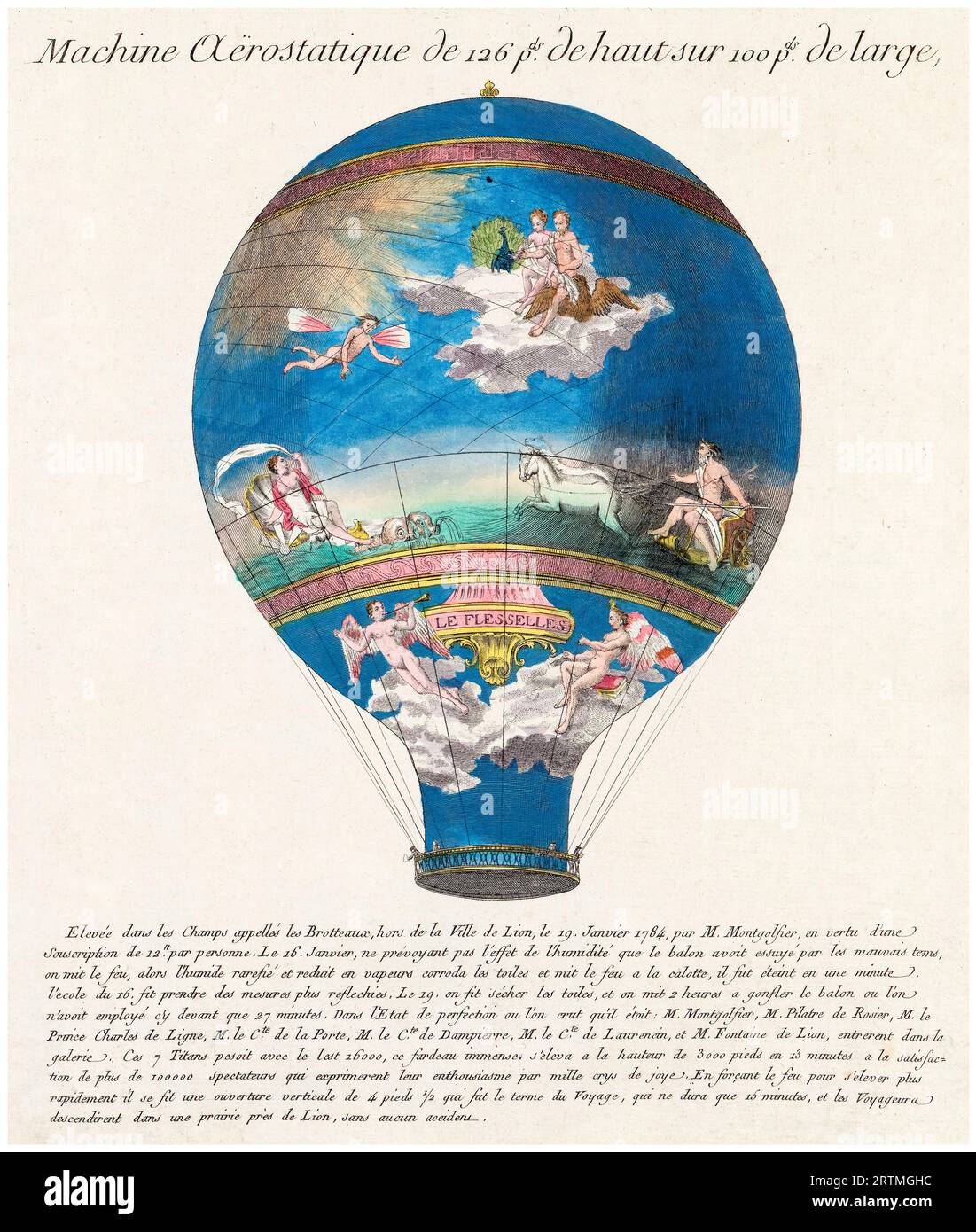 The huge Montgolfier hot-air balloon 'Le Flesselles', launched at Lyon, France on January 19th 1784, carrying seven passengers including Joseph Montgolfier and Jean François Pilâtre de Rozier, hand coloured engraving, 1784 Stock Photo