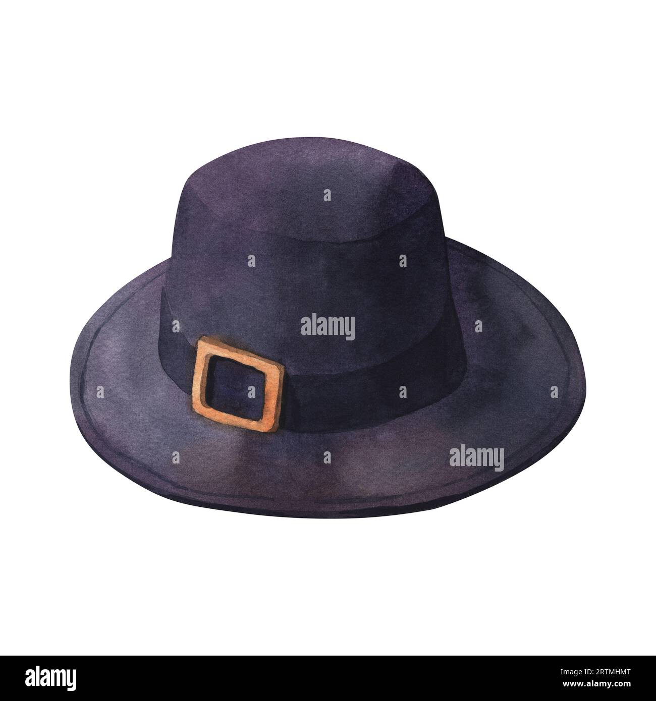Watercolor realistic pilgrim black hat. Hand-drawn illustration isolated on white background. Perfect for card thanksgiving, packing Stock Photo