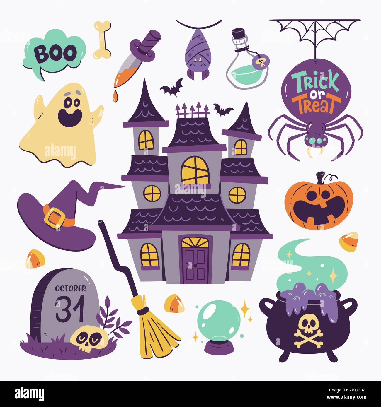 Cute Halloween illustration with 15 isolated colorful cliparts. Creepy halloween elements to celebrate a spooky night: A haunted house, a funny ghost, Stock Vector