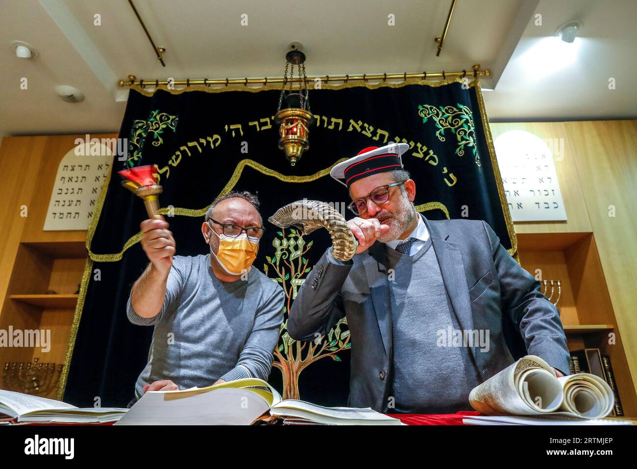 Purim celebration in Beth Yaacov synagogue, Paris, France. Stock Photo