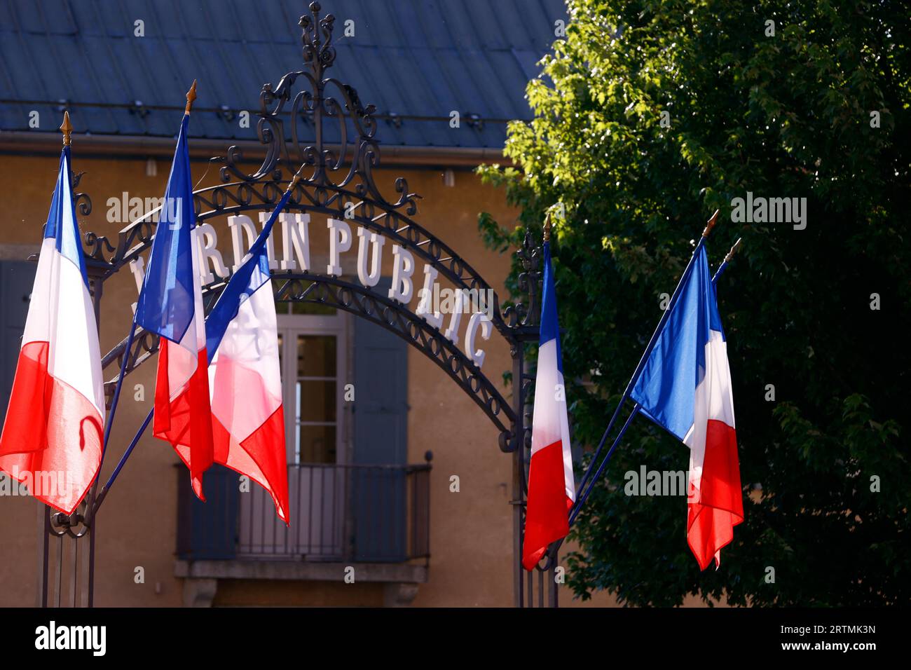 French National Flags. Public garden.  Saint-Gervais Mont-Blanc. France. Stock Photo