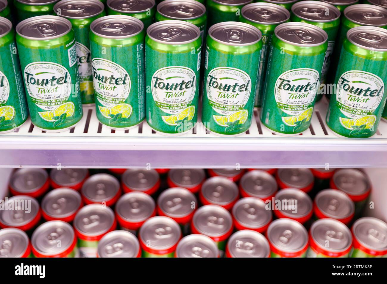 Lemon twist Tourtel can in cooler fridge.   France. Stock Photo