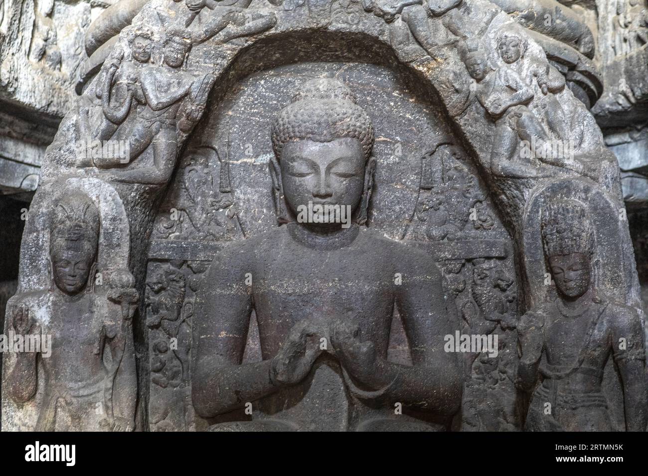 Ellora caves, a UNESCO World Heritage Site in Maharashtra, India. Cave 10.  Teaching Buddha, seated in the bhadrasana pose on a lion throne. The main Stock Photo