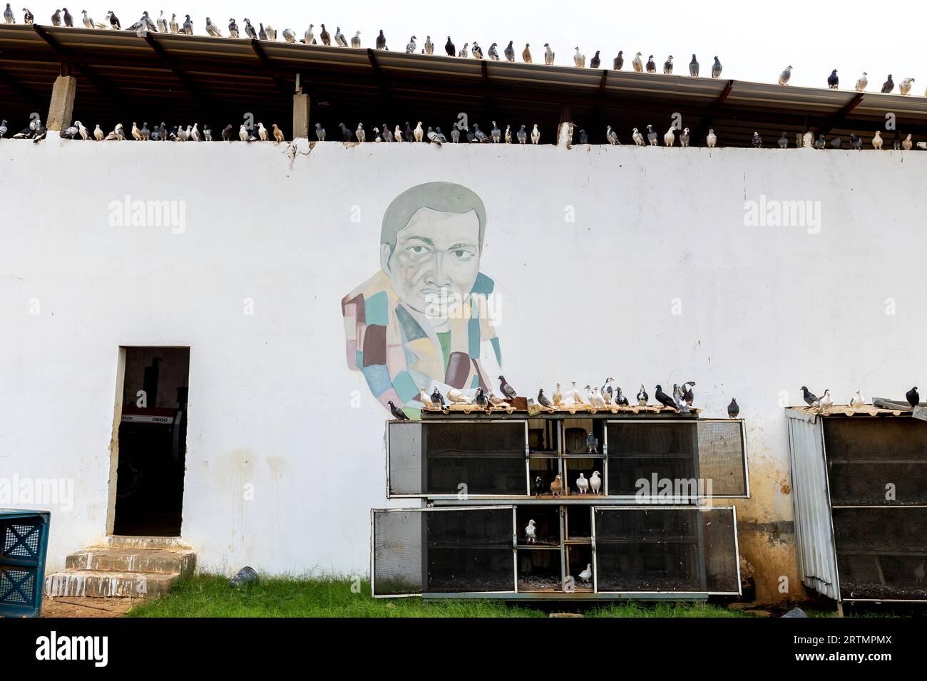 Warehouse and chicken coop with a picture of a mouride muslim spiritual leader in Tawafall, Senegal Stock Photo