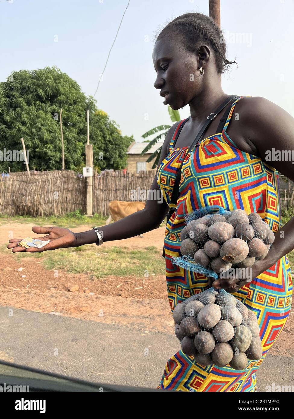 Traveler buying ditch fruit from a roadside vendor near Fatick, Senegal Stock Photo