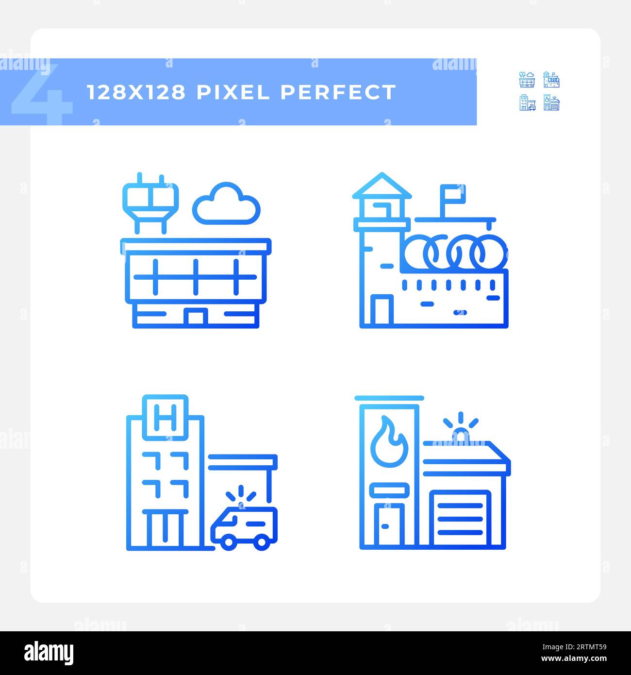 2D pixel perfect blue gradient building icons Stock Vector